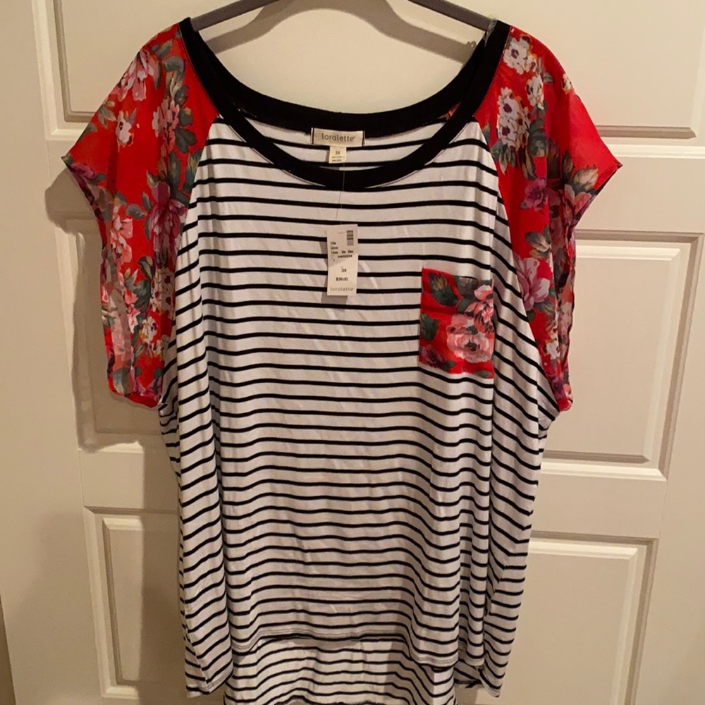 NWT Loralette striped tee with floral sleeves